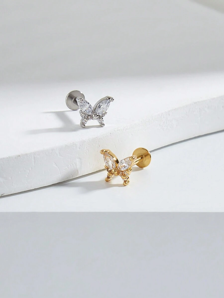 1 件时尚华丽钛钢钻石蝴蝶耳钉，适合女性日常佩戴 - 蝴蝶型 - 查看 1