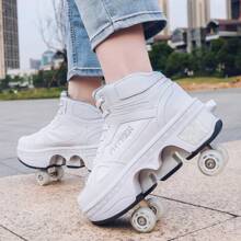 PHTEER Transformable Flashing Roller Skates, Four Wheels, Unisex Double Wheels For Students, Retractable Wheels Roller Shoes For Adults, Button Control One-Key Retractable Inline Skates For Teenagers And All Seasons