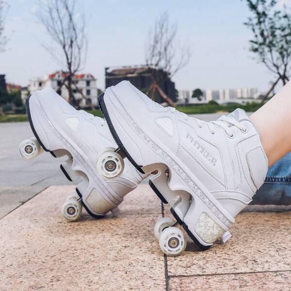 PHTEER Transformable Flashing Roller Skates, Four Wheels, Unisex Double Wheels For Students, Retractable Wheels Roller Shoes For Adults, Button Control One-Key Retractable Inline Skates For Teenagers And All Seasons