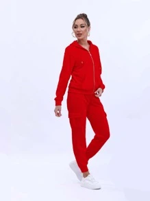 Conjunto Deportivo Dama Conjunto Con Capucha, Cierre y Bolsas en Sudadera - Rojo - Ver 6
