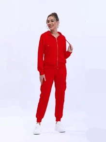 Conjunto Deportivo Dama Conjunto Con Capucha, Cierre y Bolsas en Sudadera - Rojo - Ver 4