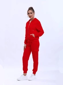 Conjunto Deportivo Dama Conjunto Con Capucha, Cierre y Bolsas en Sudadera - Rojo - Ver 3