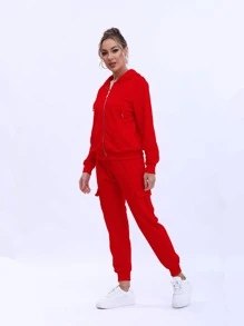 Conjunto Deportivo Dama Conjunto Con Capucha, Cierre y Bolsas en Sudadera - Rojo - Ver 1