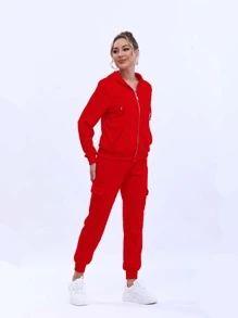 Conjunto Deportivo Dama Conjunto Con Capucha, Cierre y Bolsas en Sudadera - Rojo - Ver 7