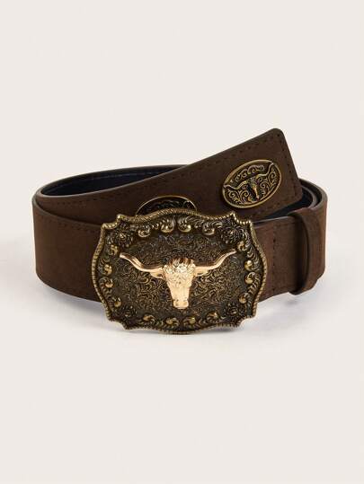 1pc Women Fashionable Brown Carved Cow Head Design Buckle & Decorative PU Western Style Belt, Suitable For Daily Wear With Dresses, Pants And Jeans Halloween Summer, School Fall, Autumn, Halloween