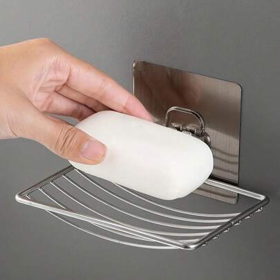 1pc Wall Mounted Soap Holder, Stainless Steel Soap Rack, Punch-Free Drain Soap Tray, Simple Soap Storage Rack For Home Bathroom, Bathroom Accessories Home Bathroom Decor Fall Decor Back To School