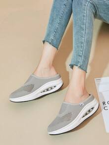 Giường đôi tiêu chuẩn Ngôi sao Của phụ nữ Màu thuần Con la Giày dép Với Đệm khí , Dệt kim Dép đi trong nhà , Dày Đế Giày lười Giày đi bộ , Thoáng khí Dép xăng đan - Xám - Xem 5