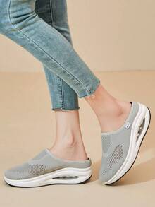 Giường đôi tiêu chuẩn Ngôi sao Của phụ nữ Màu thuần Con la Giày dép Với Đệm khí , Dệt kim Dép đi trong nhà , Dày Đế Giày lười Giày đi bộ , Thoáng khí Dép xăng đan - Xám - Xem 4