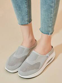 Giường đôi tiêu chuẩn Ngôi sao Của phụ nữ Màu thuần Con la Giày dép Với Đệm khí , Dệt kim Dép đi trong nhà , Dày Đế Giày lười Giày đi bộ , Thoáng khí Dép xăng đan - Xám - Xem 3