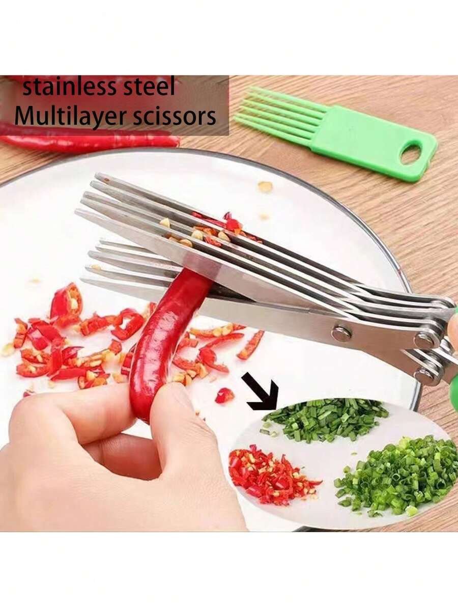 Scallion Cutter. Sharp Kitchen Tool. Stainless Steel Five-Layer Scallion Cutter. Seaweed Shredder Scissors. Multi-Layer Powerful Scissors - Multicolor - View 1