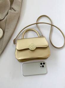 Fashionable Macaron Colored Shoulder Bag With Lock Buckle, Solid Color Minimalist Handbag Crossbody Square Bag - Gold - View 3