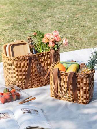 1pc Woven Picnic Storage Basket With Handles