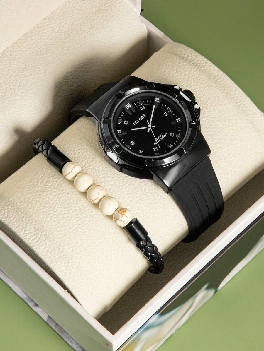 Conjunto De Reloj De Silicona Y Pulsera Para Hombres - Negro - Ver 1