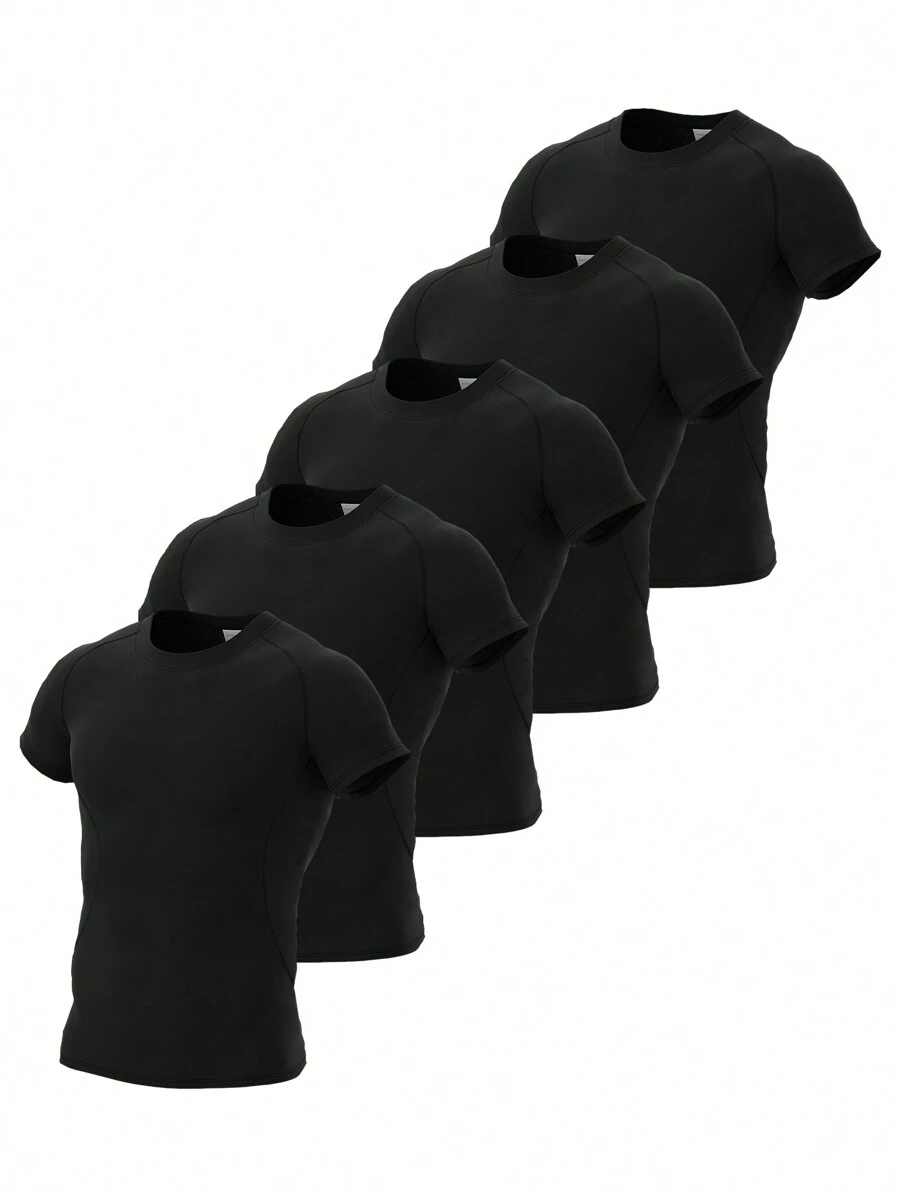 Áo thun thể thao tay ngắn bó sát thoải mái 5 món phong cách bạn trai dành cho nam dùng để chạy bộ và tập thể dục - màu đen - Xem 1