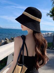 波西米亞風格1入女款高爾文字母編織漏斗帽，防紫外線，適合戶外活動、旅遊、度假和沙灘，男女適用，適合春夏日常配戴，附蝴蝶結 - 拼色 - 查看 4