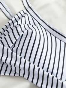 One-Piece Swimsuit With Color Block, Stripes, Hollow Out, And Pleated Design Summer - Dusty Blue - View 3