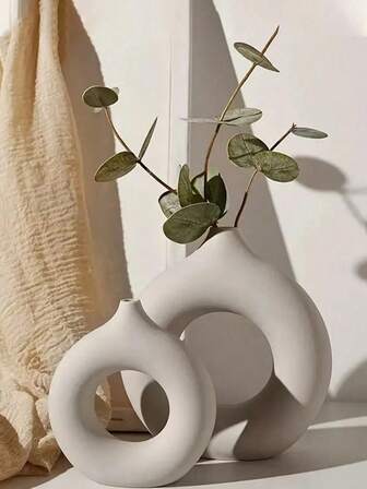 1個白色圓形abs花瓶裝飾品,圓形啞光中空甜甜圈花瓶裝飾,極簡現代北歐風格波希米亞風格,適用於家庭客廳辦公室臥室桌面裝飾