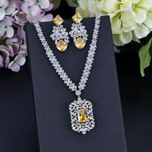 SEQUITO 3 件套独家奢华设计绿色迪拜婚礼珠宝套装全密镶 CZ 盾形长吊坠新娘耳环项链套装女士 - 45cm - 查看 8