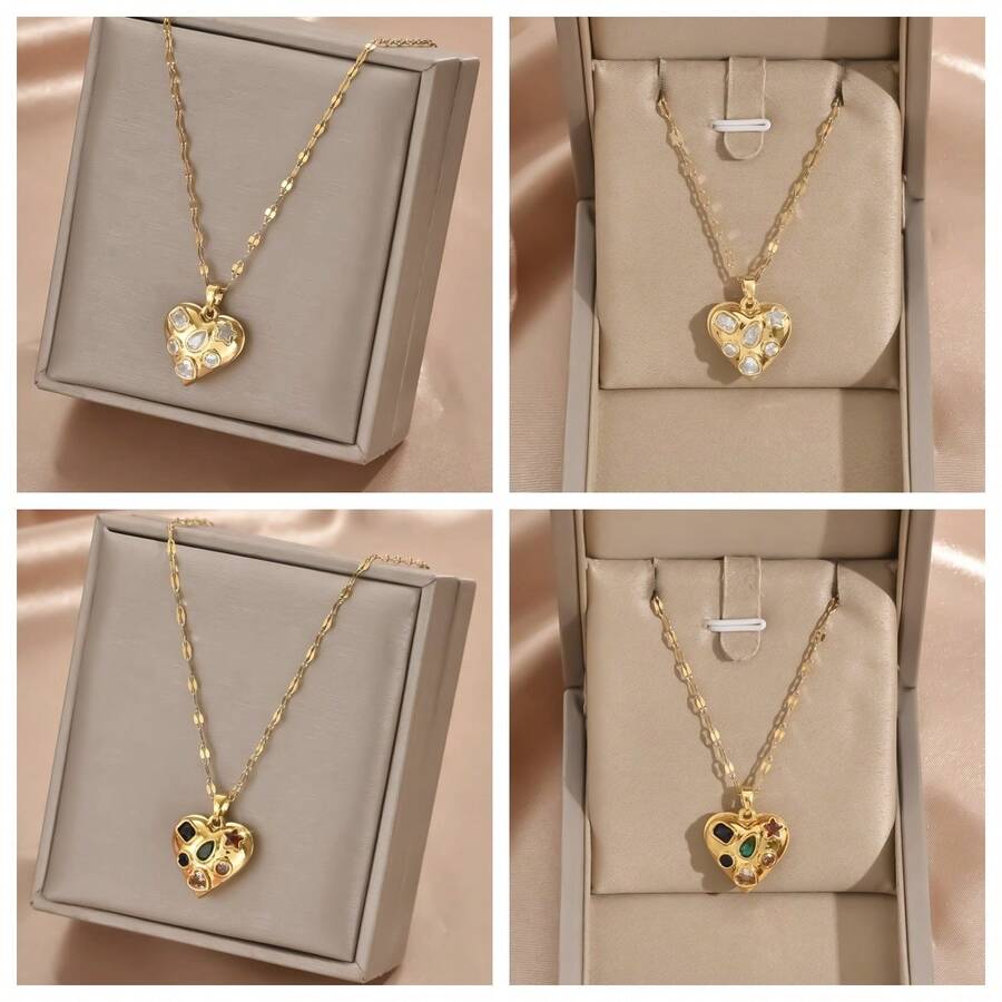 1條鍍金不鏽鋼鍊,鑽石及寶石裝飾之心形吊墜項鍊,網紅時尚、復古風格、簡單萬能,男女皆宜,適用於街頭潮服、日常通勤及節慶場合 - 愛心 - 查看 1