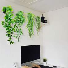 4pcs Artificial Hanging Plants, Potted Green Faux Grass & Ferns Plant, Fake Succulent Plant Hangers, Mandala Vine, Ivy For Wall Shelf, Home, Yard, Garden, Indoors And Outdoors Decoration, Valentine Day, Gift Gifts Birthday Graduation