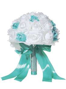 11inch Blue Wedding Bouquets For Bride Bridesmaid Artificial Roses Flowers Bridal Bouquet For Rustic French Vintage Formal Wedding Home Decoration - Blue - View 5