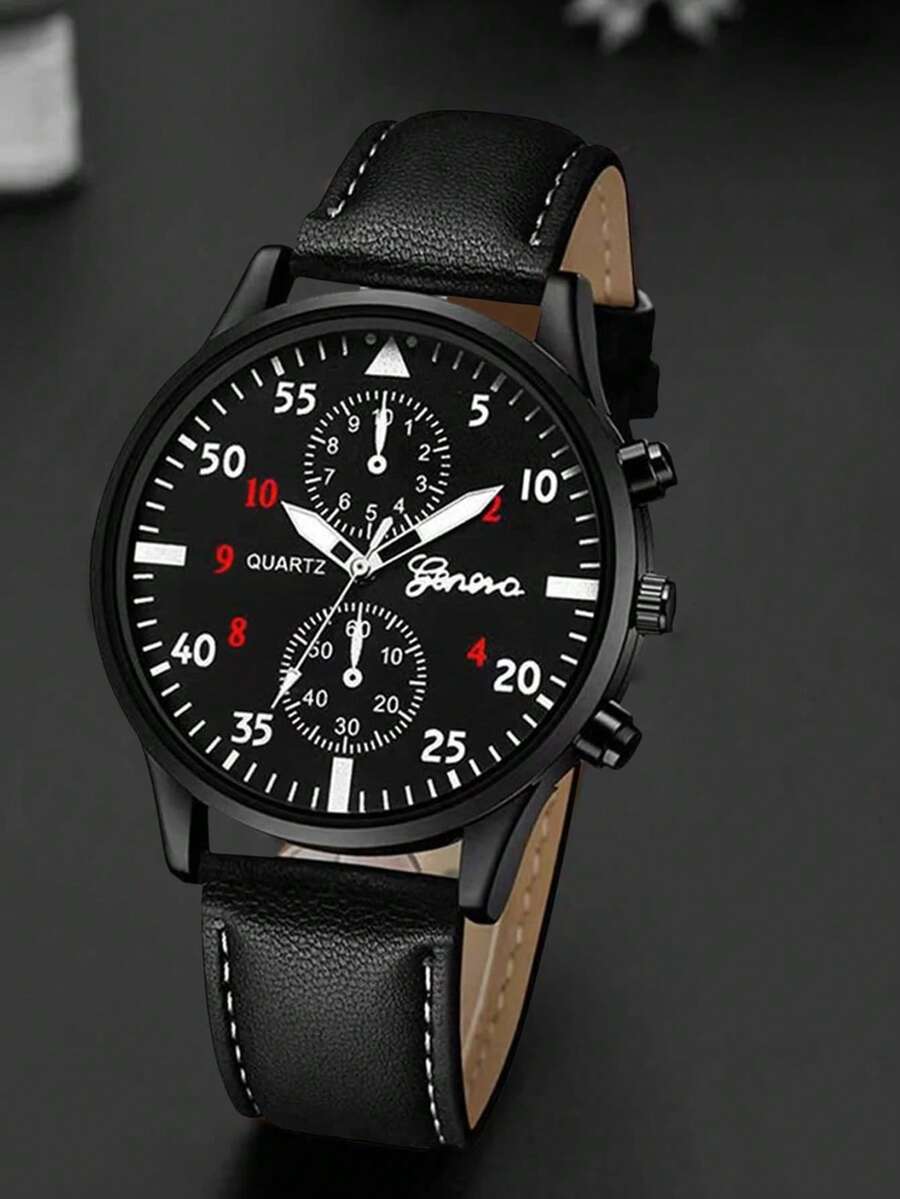 1只日內瓦黑色皮帶時尚手錶,具有雙眼和指針式石英運動 - 黑色 - 查看 1