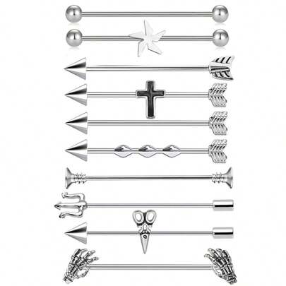 1 件朋克嘻哈风格双面手术钢工业杠铃耳环，骷髅爪螺丝，三叉戟工业杠铃耳环，酷炫哥特式配饰适合男女身体穿孔