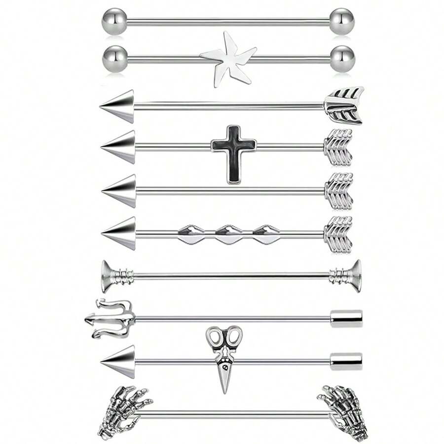 1 件朋克嘻哈风格双面手术钢工业杠铃耳环，骷髅爪螺丝，三叉戟工业杠铃耳环，酷炫哥特式配饰适合男女身体穿孔 - 銀色 - 查看 1