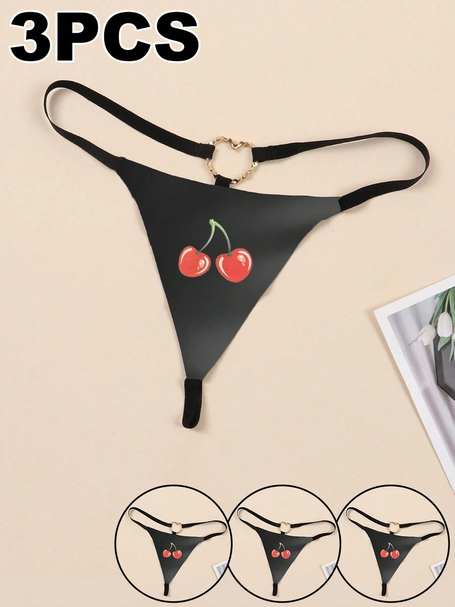 3pcs/Set Sexy Cherry Print Pu Leather Thong Underwear - Black - View 1