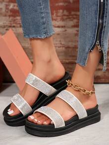 2024 Mùa xuân/Mùa hè Mới Đế dày Cao gót Nàng tiên Phong cách Ngoài trời Thời trang Pha lê Giải trí Dép quai hậu - Màu be - Xem 3