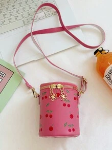 1 件纯色 PU 拉链开合樱桃迷你水桶包休闲斜挎包，适合日常使用