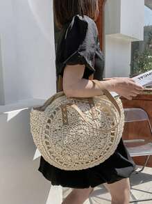Tropiscape 女士大容量圆形编织包，时尚镂空设计，多功能手提包，沙滩必备，夏季度假必备女包，沙滩钱包，完美适用于夏季、度假和日常使用，旅行必备，营造度假氛围，放松身心，海滩，秋季，圣诞节，冬季，圣诞礼物
