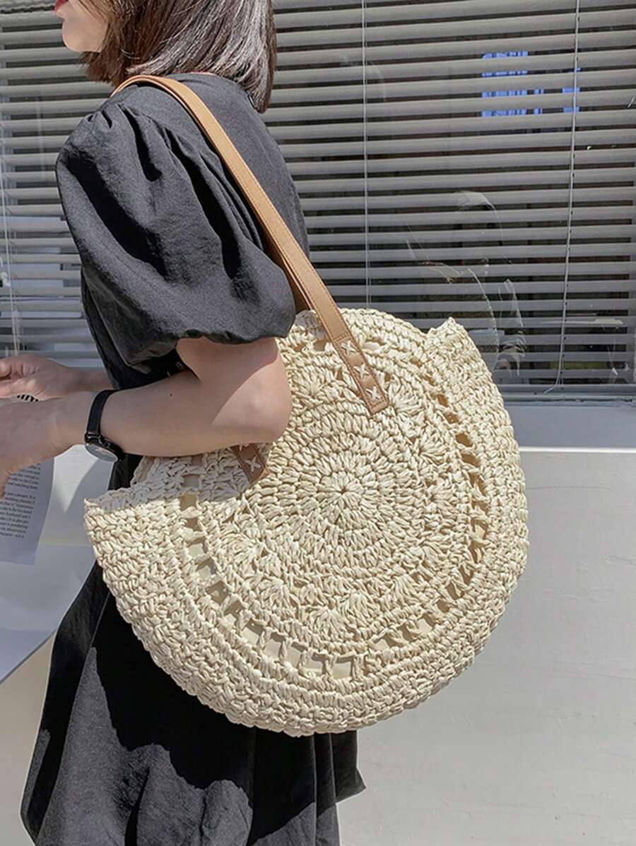 女士大容量圆形编织包，时尚镂空设计，多用途手提包，沙滩必备品，夏季必备女士度假和假日包，沙滩钱包，适合夏季、度假和日常使用 - 米色 - 查看 1
