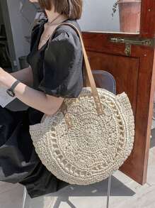 Tropiscape 女士大容量圆形编织包，时尚镂空设计，多功能手提包，沙滩必备，夏季度假必备女包，沙滩钱包，完美适用于夏季、度假和日常使用，旅行必备，营造度假氛围，放松身心，海滩，秋季，圣诞节，冬季，圣诞礼物