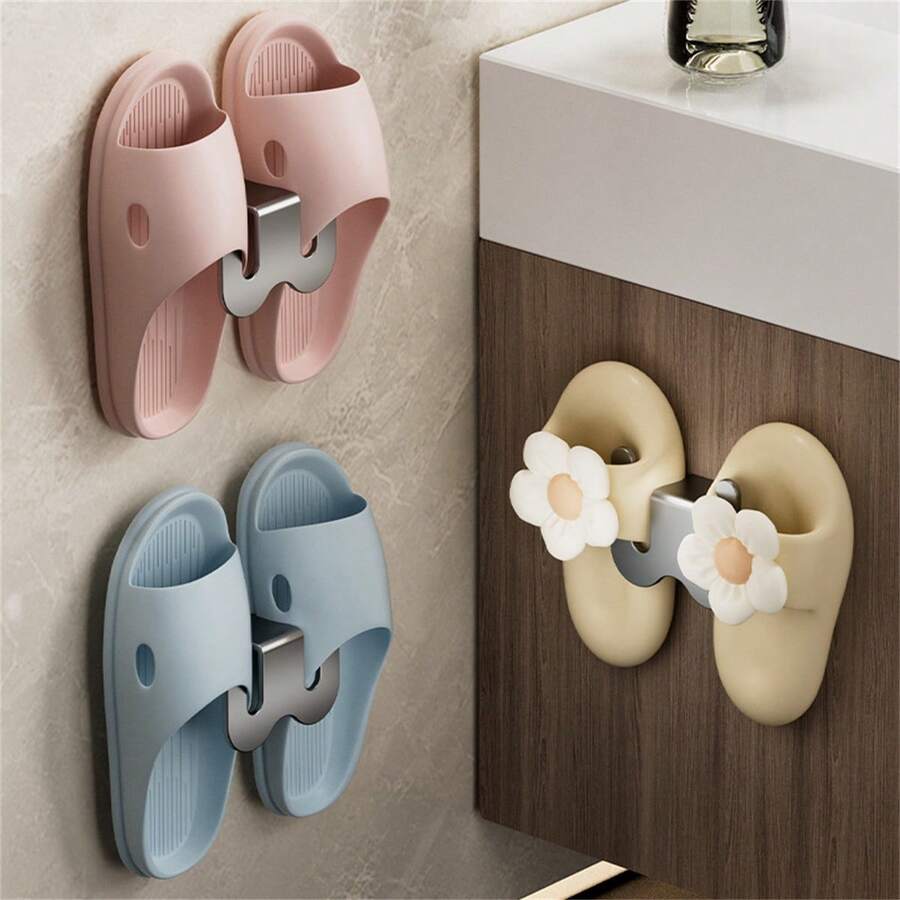 1 Pieza Organizador De Almacenamiento De Zapatillas De Baño Montado En La Pared Con Adhesivo - Plateado - Ver 1