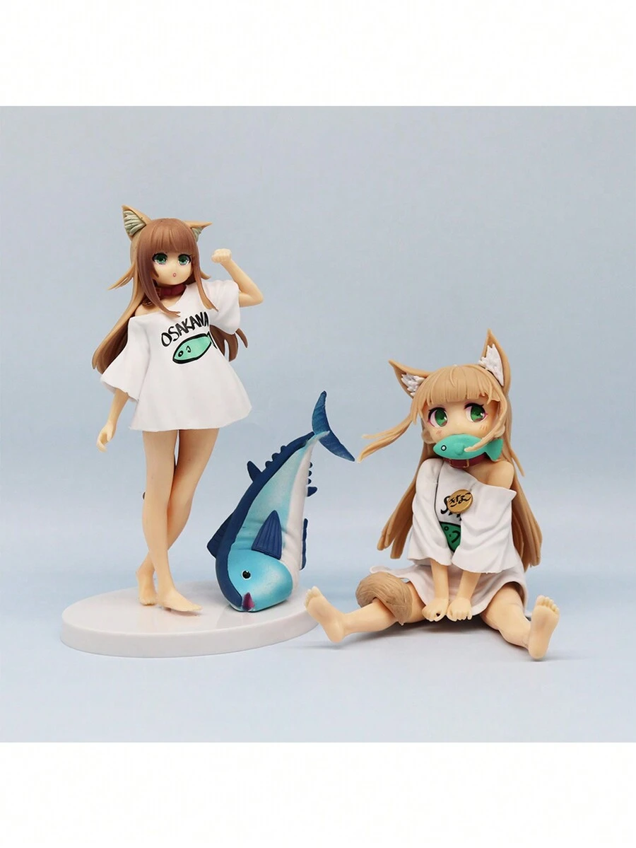 Juguete de modelo de una pieza linda chica gato, sentada y comiendo pescado, kit de modelo amarillo/beige ensamblado al azar (algunas partes al azar) - Multicolor - Ver 1