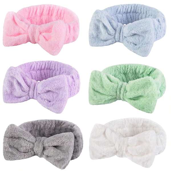 6PCS Makeup Headbands For Women, Spa Headband Bow Tie Hair Band Coral Fleece Head Wraps For Washing Face Skincare Shower Sports Yoga 6 Assorted Colors Casual Valentine's Day Valentines Turban Headband Sweatband