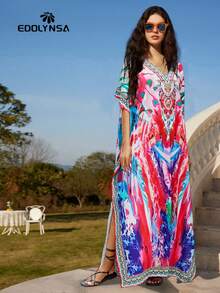 大码女式休闲长袍连衣裙短袖家居服长袍波西米亚连衣裙罩衫 - 彩色 - 查看 1