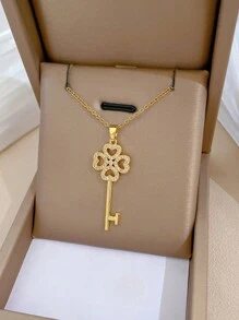 1pc Stainless Steel Lucky Clover Key Shaped Gorgeous Full Rhinestone Pendant Necklace For Women Valentines,Mom,Mother,Mother's Day,Gift