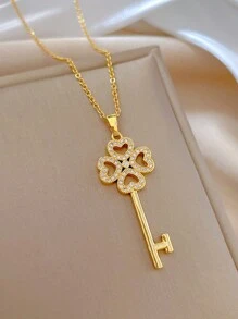 1pc Stainless Steel Lucky Clover Key Shaped Gorgeous Full Rhinestone Pendant Necklace For Women Valentines,Mom,Mother,Mother's Day,Gift