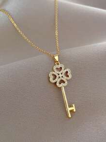 1pc Stainless Steel Lucky Clover Key Shaped Gorgeous Full Rhinestone Pendant Necklace For Women Valentines,Mom,Mother,Mother's Day,Gift