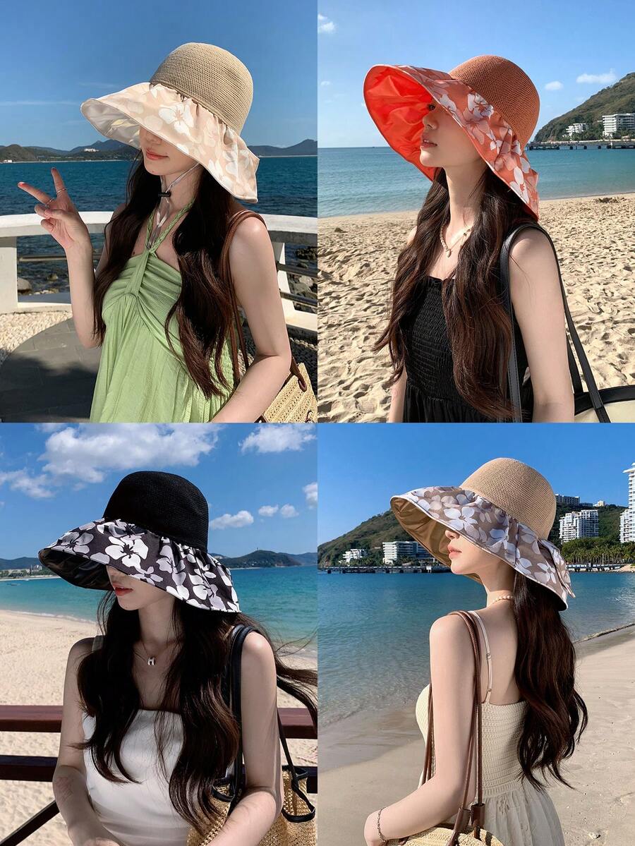 1 件女士可折叠涂层太阳帽，新款春夏系列，带花朵和彩虹图案，户外渔夫帽，带紫外线防护，适合日常使用 - 拼色 - 查看 1