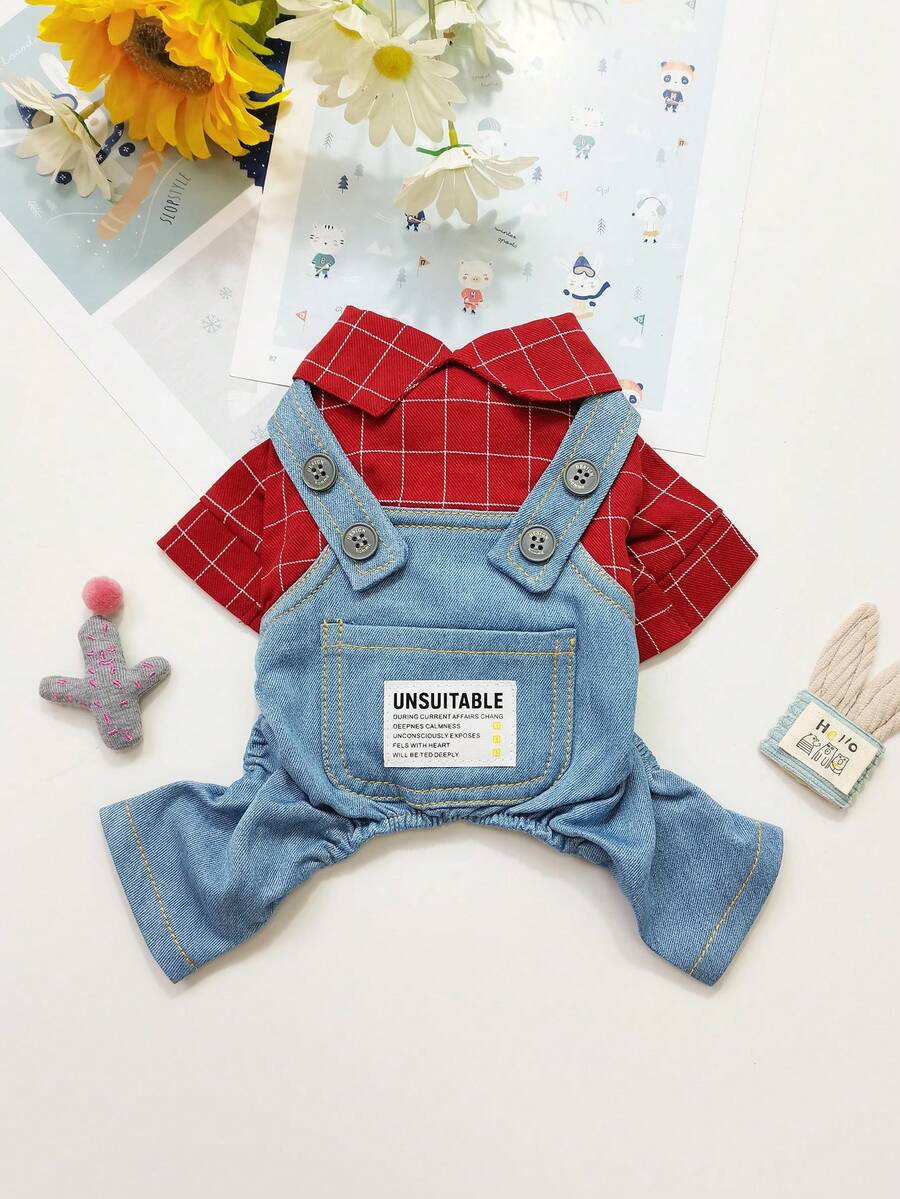 1pc Pet Dog Plaid Bib Dungarees Jumpsuit Coverall For Autumn And Winter Pet Clothes - Red - View 1