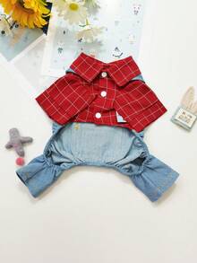 1pc Pet Dog Plaid Bib Dungarees Jumpsuit Coverall For Autumn And Winter Pet Clothes - Red - View 5