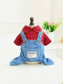1pc Pet Dog Plaid Bib Dungarees Jumpsuit Coverall For Autumn And Winter Pet Clothes - Red - View 7
