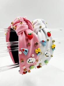 1pc Ladies' Back To School Season Pearl & Rhinestone Decor Fashion Fabric Wide Headband Cute - White - View 1