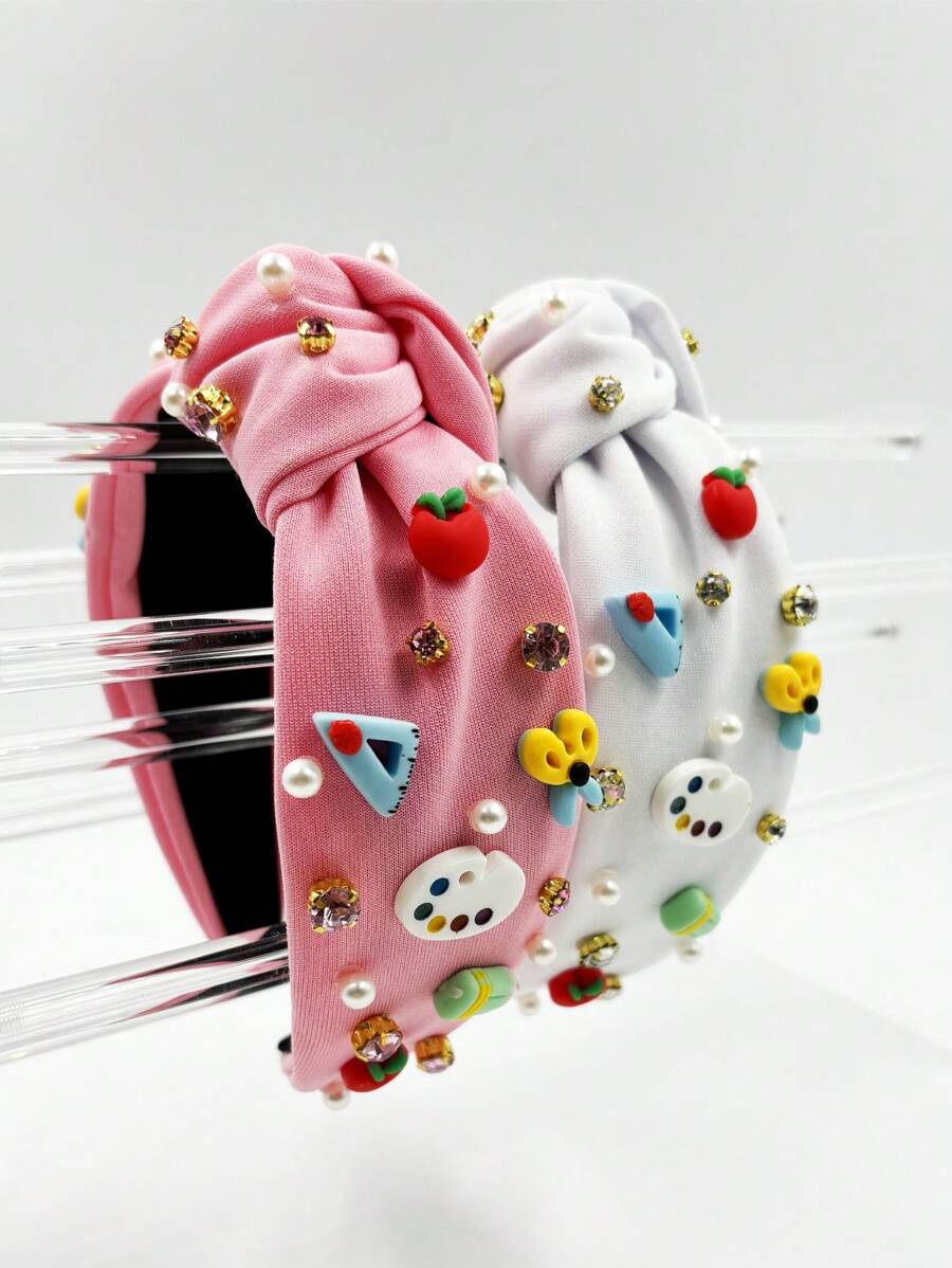1pc Ladies' Back To School Season Pearl & Rhinestone Decor Fashion Fabric Wide Headband Cute - White - View 1