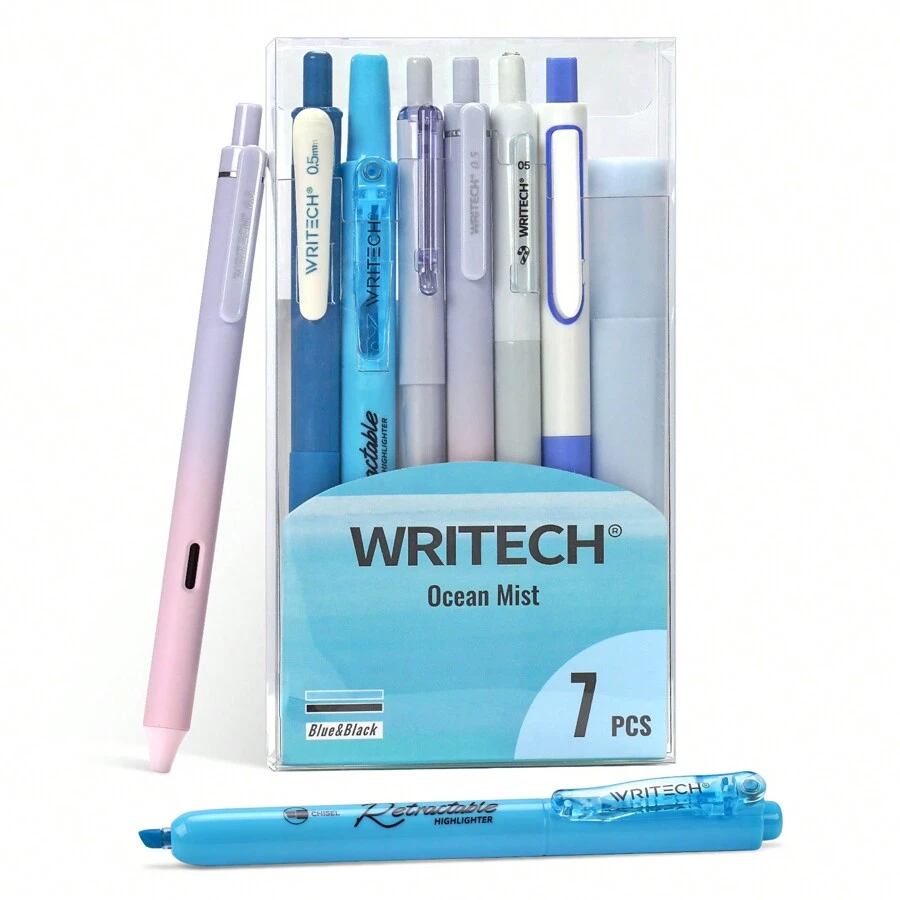 WRITECH Gel Pens Journaling Highlighters: Journal Set Aesthetic Assorted Pastel Color Ink 0.5mm Fine Point Retractable 0.7mm Black Pen Smooth Writing Drawing No Bleed 7ct - Blue - View 1