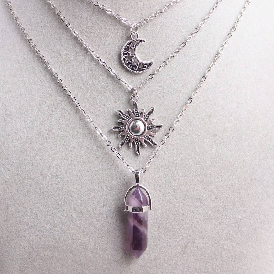 1pc Three Layer Chain Sun & Moon Design Alloy Natural Stone Crystal Pendant Necklace, Hexagonal Column Energy Sweater Chain, Wholesale In Card Packaging - Natural Stone - View 1