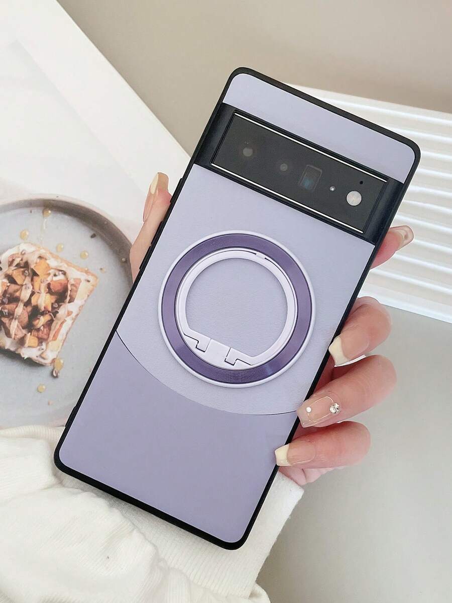 1入組荔枝紋人造皮革雙色防震保護殼,電鍍cd紋磁吸支架,相容於pixel 6a / 6pro / 7a / 7pro / 8pro手機 - 彩色 - 查看 1